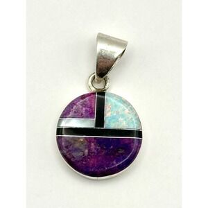 Navajo Handmade Purple Mojave Turquoise Black Onyx Inlay Sterling Silver Pendant
